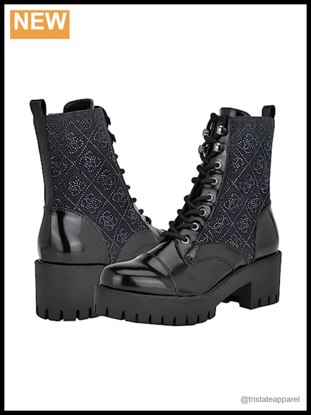 Women's GUESS Watie Combat Ankle Boot, Zip Closure, Round Toe, Block Heel, Denim